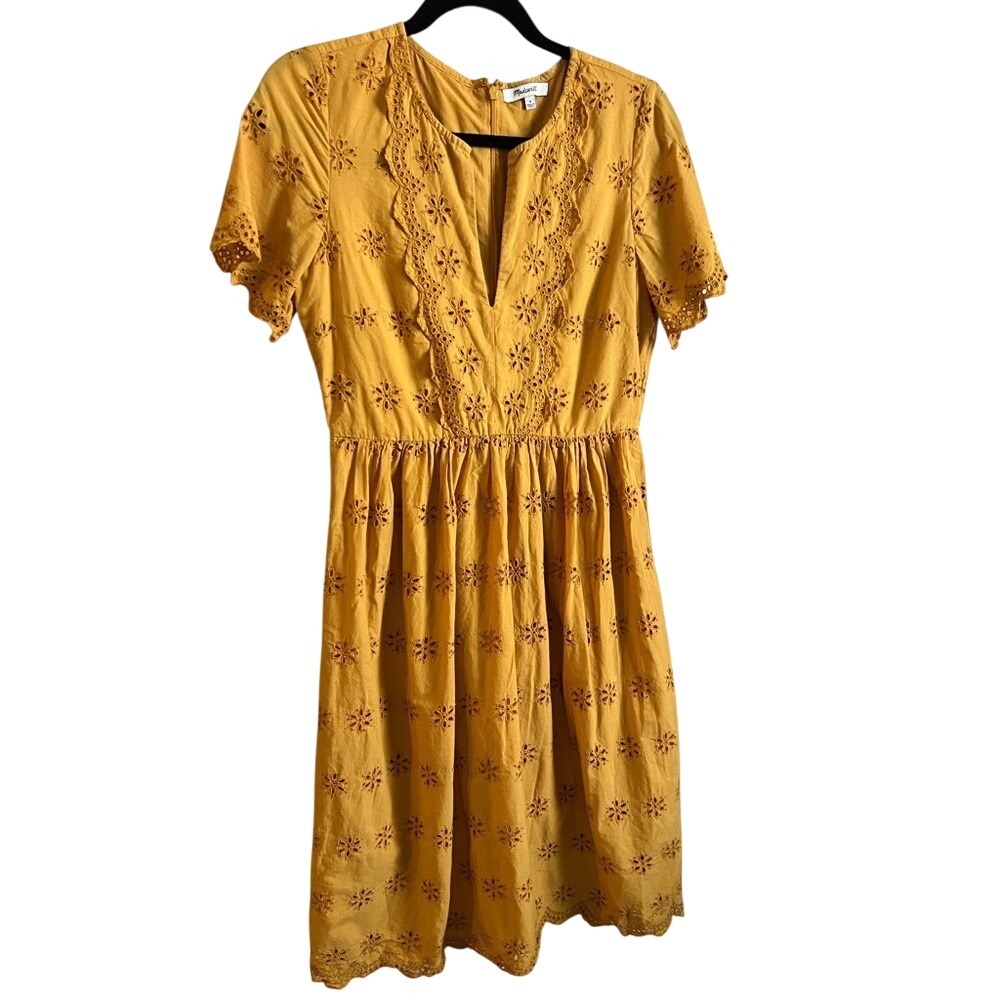 Madewell Scalloped Eyelet Mustard Midi Dress Sz 6